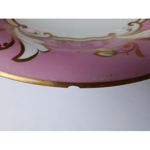 33 - A Victorian porcelain pedestal cakestand painted flowers with pink & gold borders, 9.25