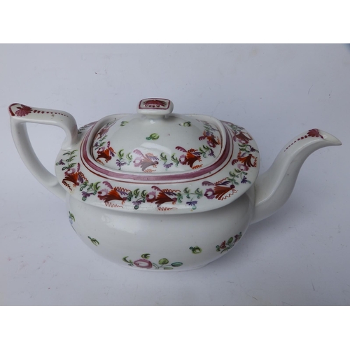 34 - A New Hall porcelain teapot of London shape, painted puce & pink flowers in pattern 874, 10