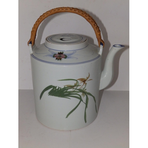 46 - A large 20thC Chinese porcelain cylindrical teapot with cane bound swing handle,  9.5