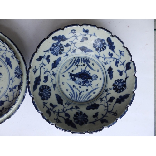 47 - Two Chinese blue & white porcelain dishes decorated with fish and birds in the antique style, approx... 