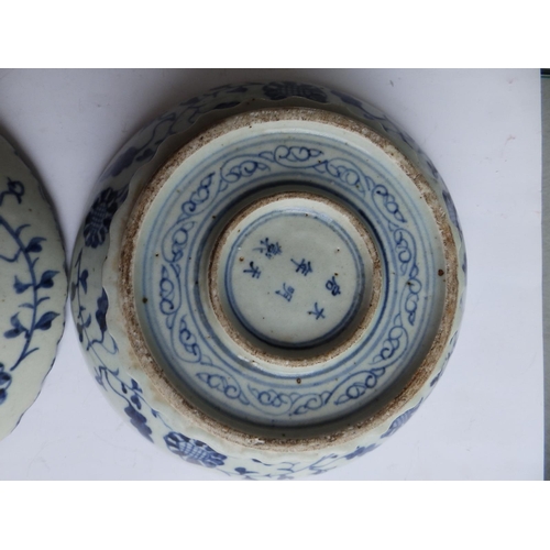 47 - Two Chinese blue & white porcelain dishes decorated with fish and birds in the antique style, approx... 