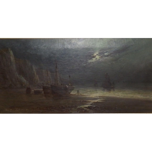 5 - Sidney Yates Johnson (fl.1890-1926) - oil on canvas -  Beached fishing boats below cliffs by moonlig... 