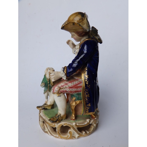 54 - A Bloor Derby porcelain figure of a seated boy with his dog, incised model 'No.362', Sevres style ma... 