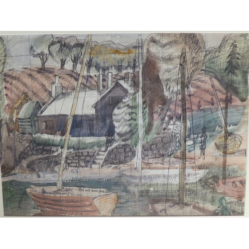 6 - Elizabeth Buchanan (Scottish 1915-2011)- watercolour - Fisherman's cottage with boats and figures, s... 