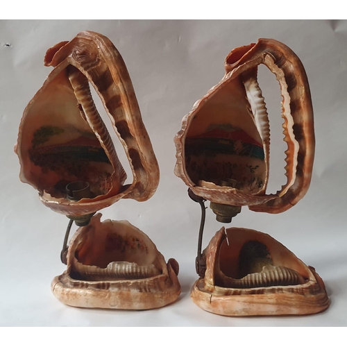 64 - A pair of vintage Italian lamps made from shells, the interiors showing Italian landscapes, 8