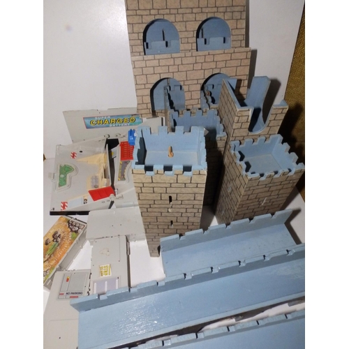 73 - Galoob plastic Micro-Machines and a wooden model castle in sections.