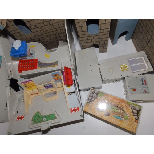 73 - Galoob plastic Micro-Machines and a wooden model castle in sections.