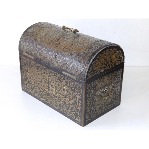 81 - A 19thC brass marquetry inlaid stationery box with domed hinged cover, having brass handles to cover... 