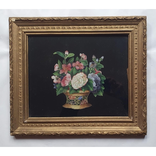 9 - An antique watercolour cut-out - Still life study of flowers in a basket, laid on a black ground, 9