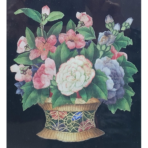 9 - An antique watercolour cut-out - Still life study of flowers in a basket, laid on a black ground, 9