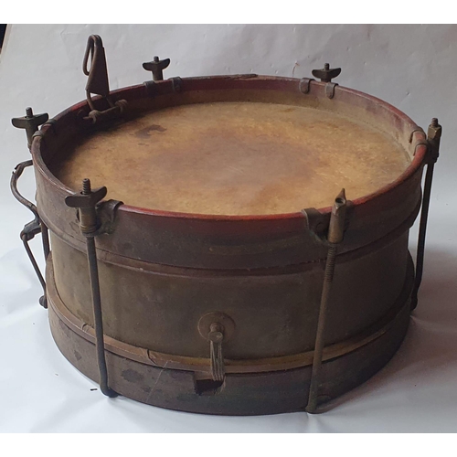 96 - An antique brass-mounted wooden drum with painted decoration, 15.5