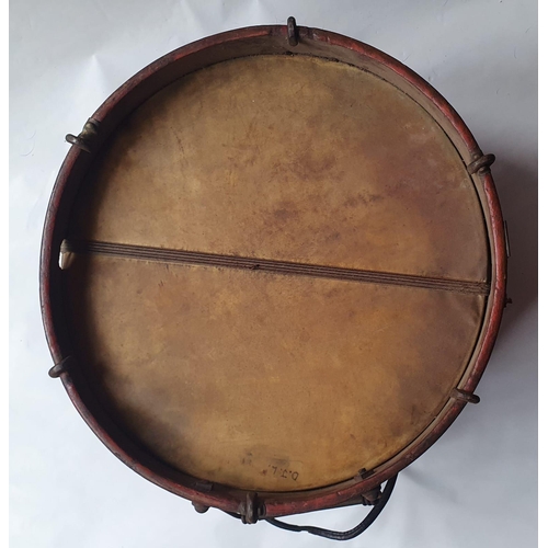 96 - An antique brass-mounted wooden drum with painted decoration, 15.5