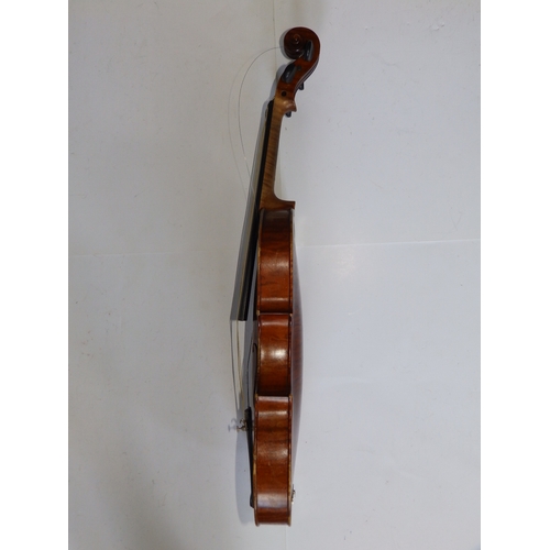 126 - An antique violin with bow in case, the violin having 14