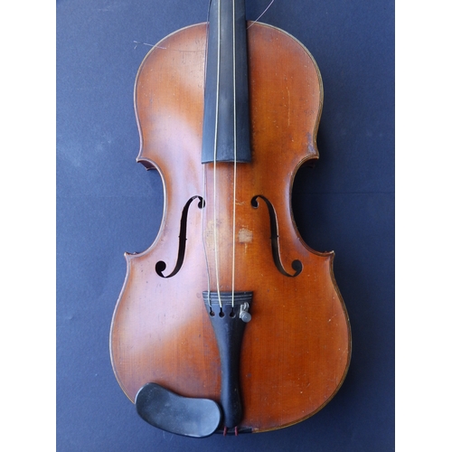 126 - An antique violin with bow in case, the violin having 14