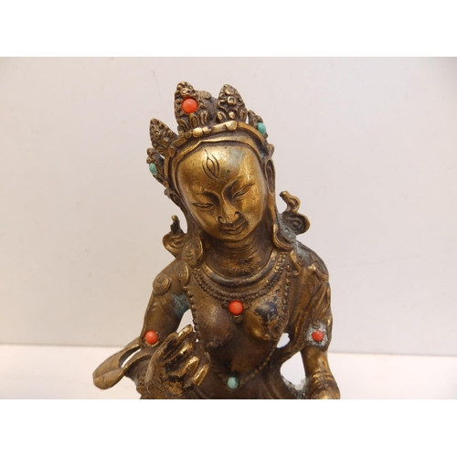 109 - A Tibetan gilt bronze female Buddha inset with coral & turquoise beads,  6.8