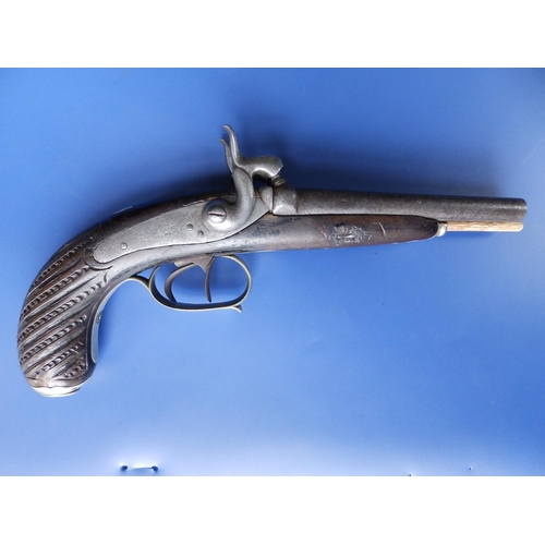 121 - A 19thC Brazilian percussion lock double-barrel pistol, indistinct maker's marks, the fluted & scale... 