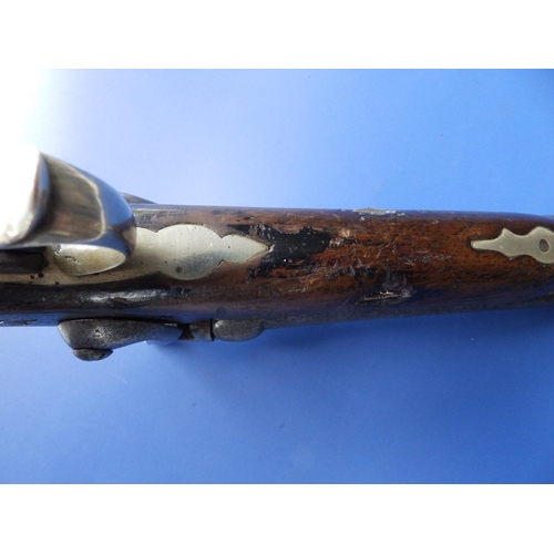 121 - A 19thC Brazilian percussion lock double-barrel pistol, indistinct maker's marks, the fluted & scale... 