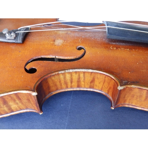 126 - An antique violin with bow in case, the violin having 14