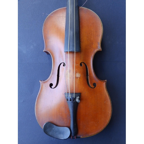 126 - An antique violin with bow in case, the violin having 14