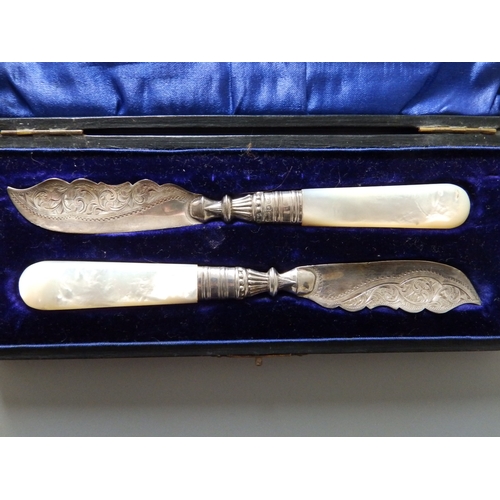 142 - A cased pair of mother-of-pearl handled silver butter knives. (2)