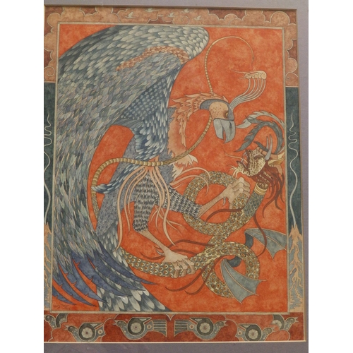 1 - Mary Tozer (born 1947) - watercolour - A phoenix in combat with a dragon, against a red ground, sign... 