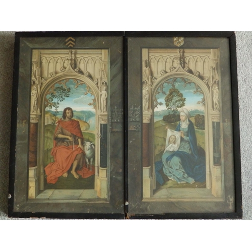 10 - A 19thC colour printed folding triptych depicting Nativity scenes, the glazed panels in ebonised fra... 