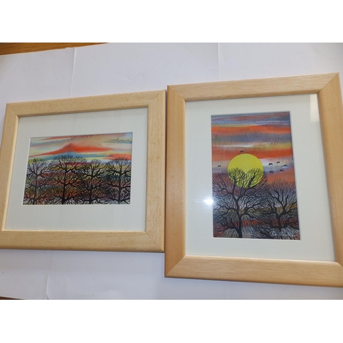 3 - Gordon Barker (born 1960) - mixed media on paper - two small studies of winter trees at sunset, sign... 