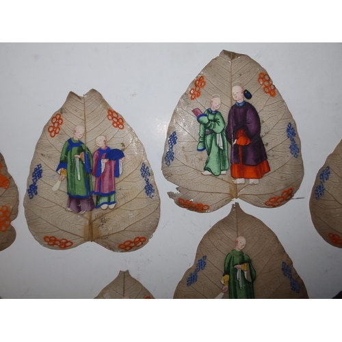 4 - 11 Chinese Qing Dynasty 'sacred fig' paintings on Peepal (Bodhi) leaves, each depicting either one o... 