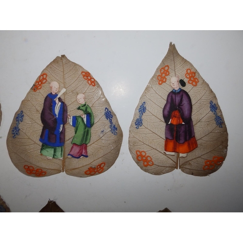 4 - 11 Chinese Qing Dynasty 'sacred fig' paintings on Peepal (Bodhi) leaves, each depicting either one o... 