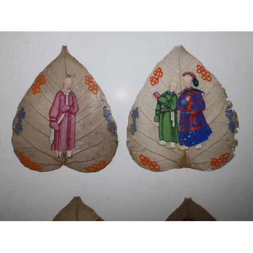 5 - 10 Chinese Qing Dynasty 'sacred fig' paintings on Peepal (Bodhi) leaves, each depicting either one o... 