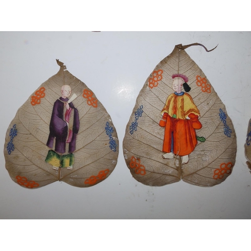 5 - 10 Chinese Qing Dynasty 'sacred fig' paintings on Peepal (Bodhi) leaves, each depicting either one o... 