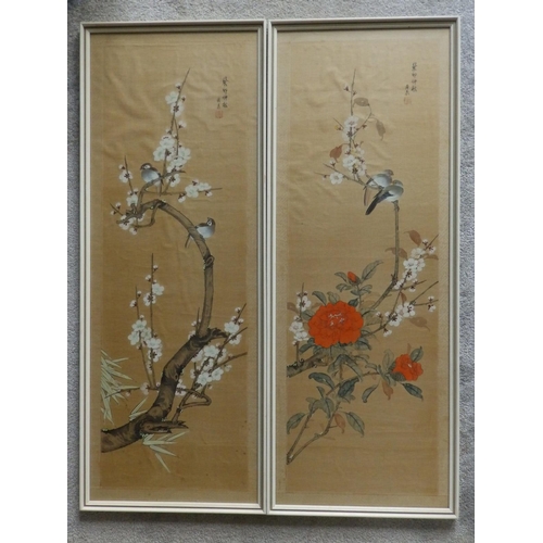 9 - A pair of signed Chinese flower paintings on silk, 36