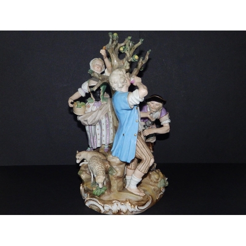 61 - A 19thC Meissen porcelain allegorical figure group after Acier depicting an applepicker with shepher... 