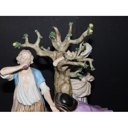 61 - A 19thC Meissen porcelain allegorical figure group after Acier depicting an applepicker with shepher... 