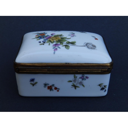 63 - An antique gilt metal mounted German porcelain box in Meissen style, of rectangular form, decorated ... 