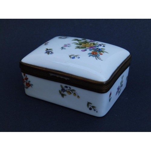 63 - An antique gilt metal mounted German porcelain box in Meissen style, of rectangular form, decorated ... 