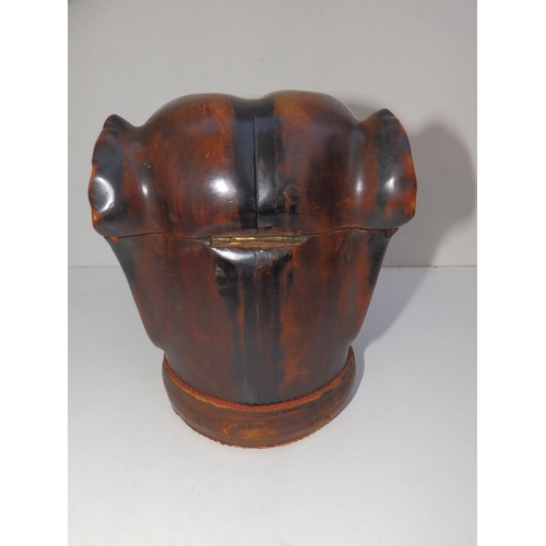 121 - A late 19thC wooden bulldog head humidor/tobacco jar, the hinged cover with large glass eyes, metal ... 