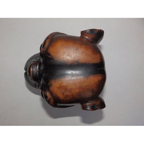 121 - A late 19thC wooden bulldog head humidor/tobacco jar, the hinged cover with large glass eyes, metal ... 