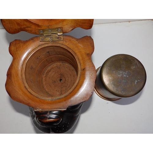 121 - A late 19thC wooden bulldog head humidor/tobacco jar, the hinged cover with large glass eyes, metal ... 