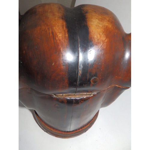 121 - A late 19thC wooden bulldog head humidor/tobacco jar, the hinged cover with large glass eyes, metal ... 