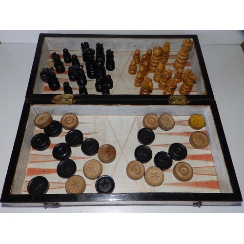 84 - A Victorian games box with wooden chess & draughts sets, the box 14