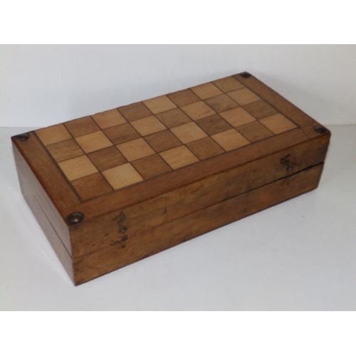 84 - A Victorian games box with wooden chess & draughts sets, the box 14