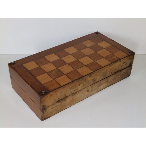 84 - A Victorian games box with wooden chess & draughts sets, the box 14