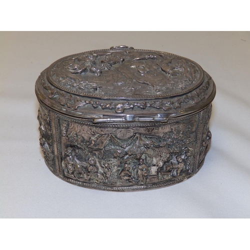 95 - A continental  plated oval jewellery box with hinged cover, decorated in high relief with 17thC styl... 