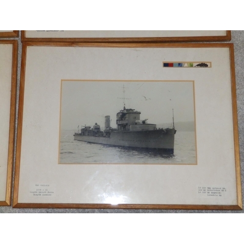 30 - Six framed black & white photographs of WWII period Royal Navy ships, having typed captions naming t... 