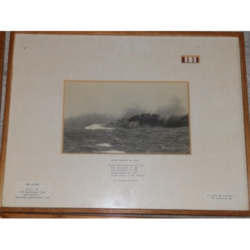 30 - Six framed black & white photographs of WWII period Royal Navy ships, having typed captions naming t... 