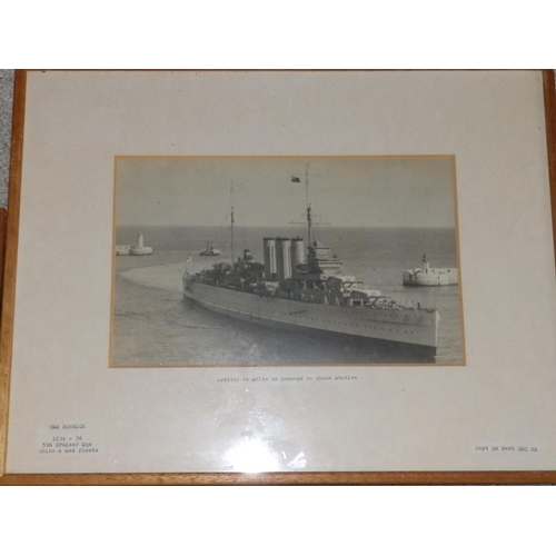 30 - Six framed black & white photographs of WWII period Royal Navy ships, having typed captions naming t... 