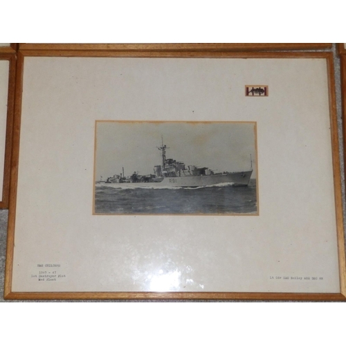 30 - Six framed black & white photographs of WWII period Royal Navy ships, having typed captions naming t... 