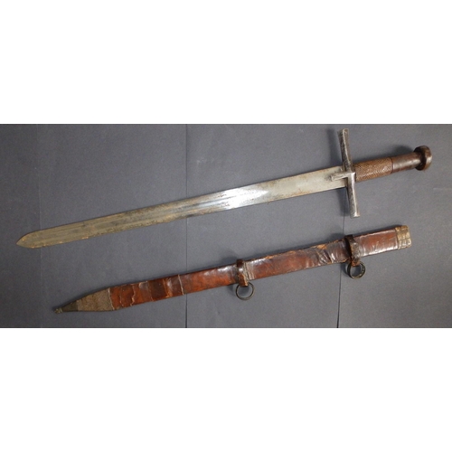 127 - A late 19thC Kaskara sword with leather hilt & scabbard, the blade 25