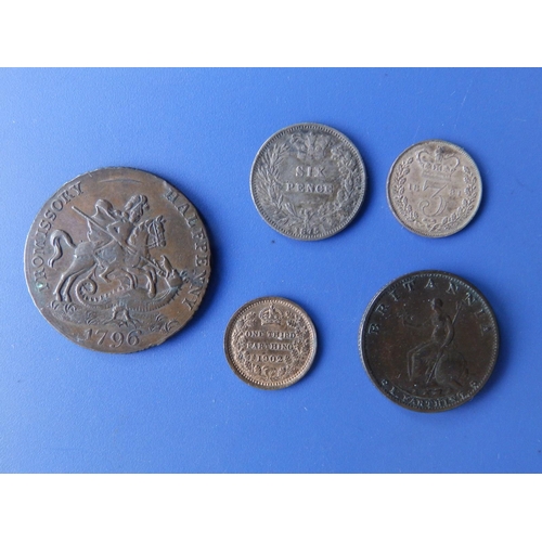 168a - A 1796 copper Promissory halfpenny, a 1799 farthing, 1875 sixpence, 1877 & 1881 threepence pieces, a... 